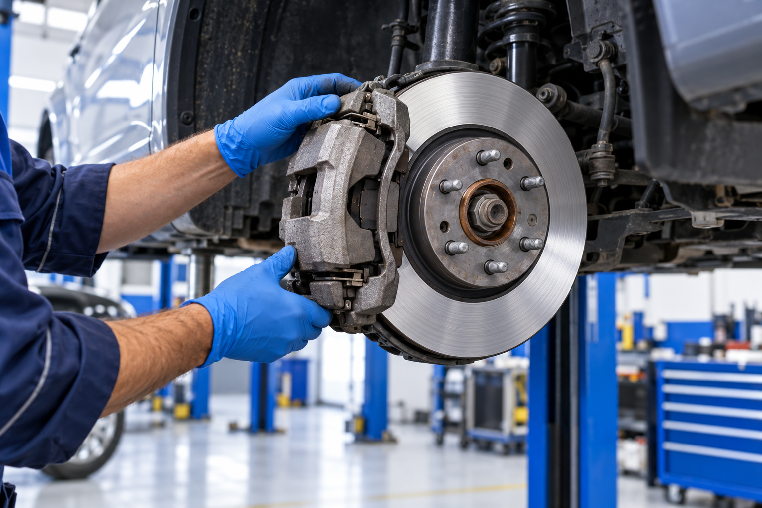 Illustrative image of a mechanic inspecting a brake disc and caliper