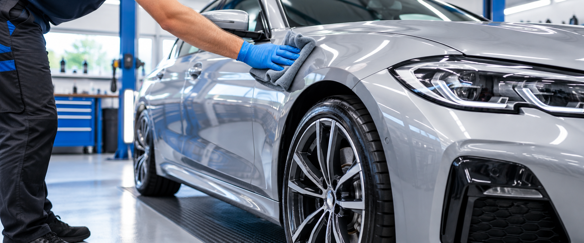Illustrative image of a silver car being detailed