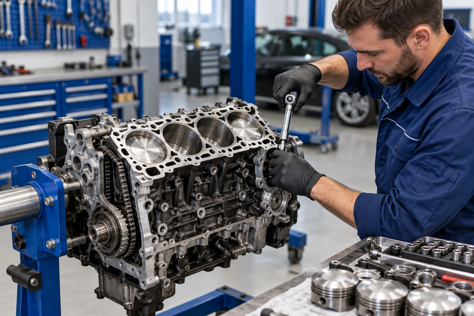 Illustrative image of engine rebuilding work on an engine stand