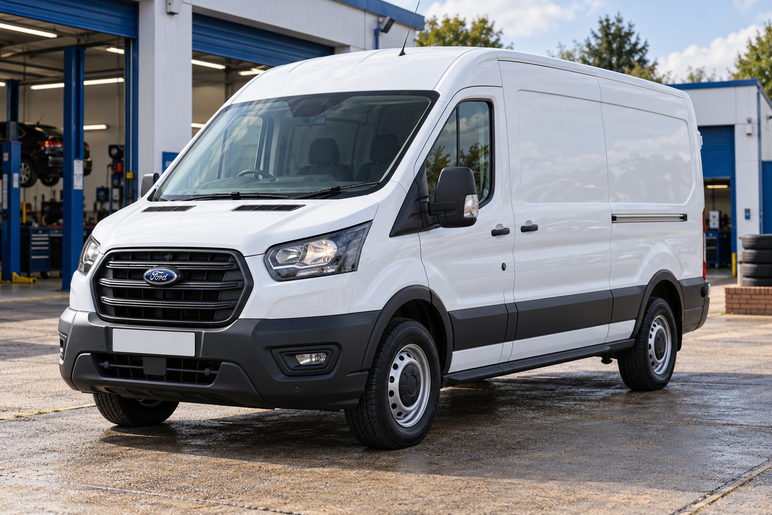 Illustrative image of a white Ford Transit van outside a workshop